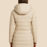 Lang varm dames vinterjakke med hætte og letvægtsfyld