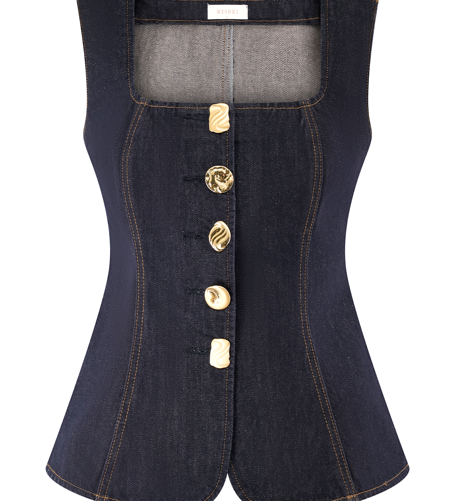 Stilfuldt denim sæt med korsettop og lige ben bukser