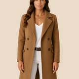 Lang dobbeltradet damefrakke i uldlook med elegant pasform