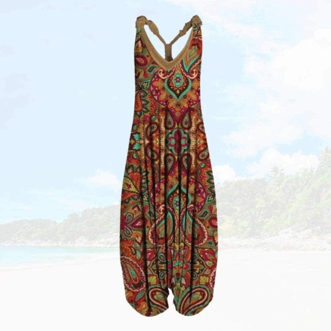 Boheme Jumpsuit med Tropisk Mønster og Lav Ryg