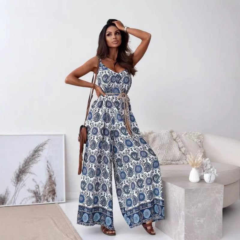 Sommer jumpsuit til kvinder med boheme mønster og bindebånd