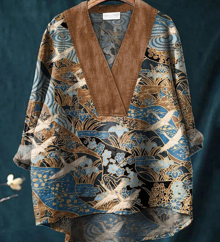 Boheme Damebluse med Mønstret Print og V-Hals