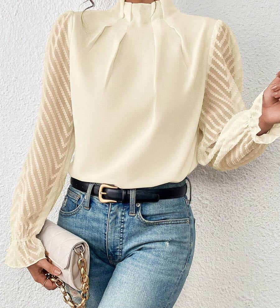 Elegant Damebluse med Høj Hals og Transparente Ærmer