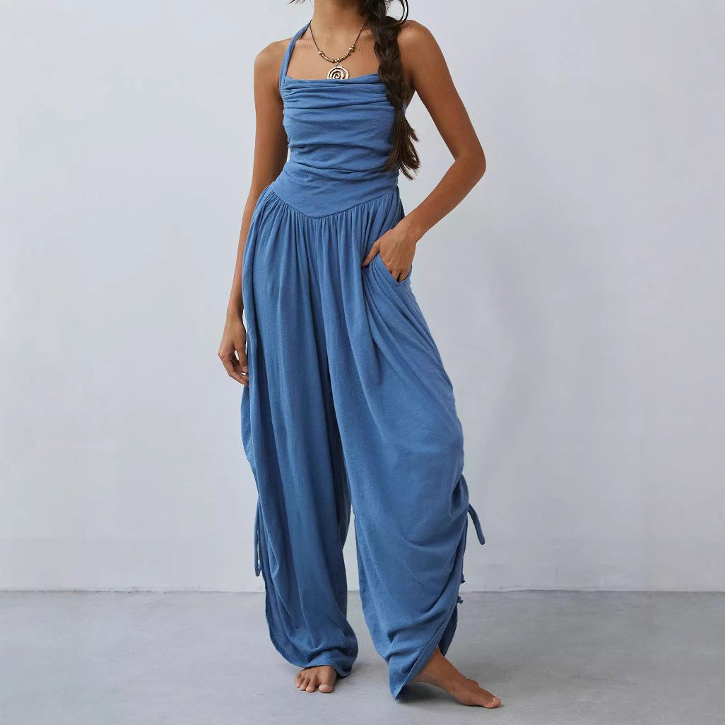 Boheme dame jumpsuit med halterneck og draperede ben