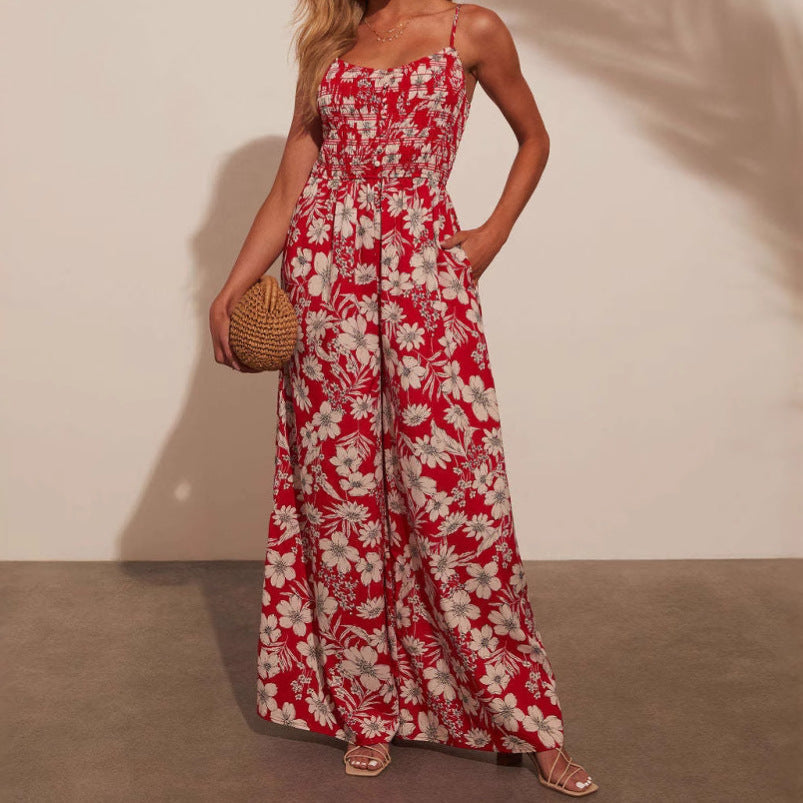 Sommer jumpsuit til kvinder med blomsterprint og smock top