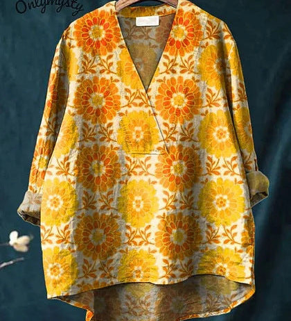 Boheme Damebluse med Mønstret Print og V-Hals