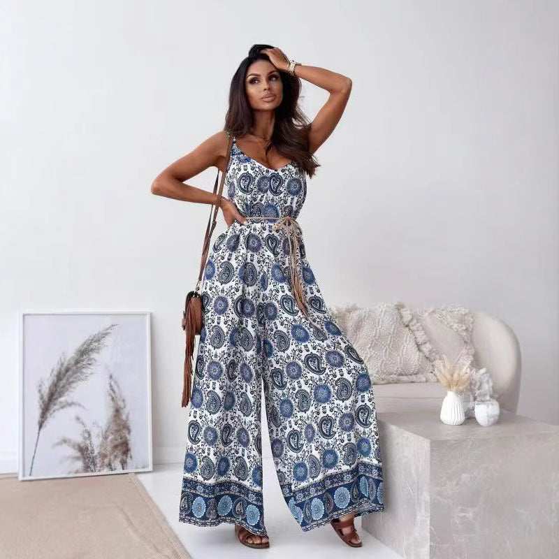 Boheme dame jumpsuit med brede ben og justerbart bindebånd