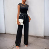 Elegant Jumpsuit med Blondeoverdel og Bindebælte