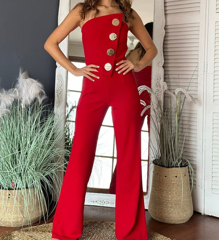 Asymmetrisk Jumpsuit med Dekorative Knapper og Vide Ben