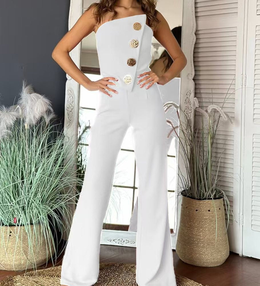 Énskulder jumpsuit med brede ben og dekorative knapper