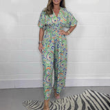 Farverig Jumpsuit med Mønster og Korte Ærmer