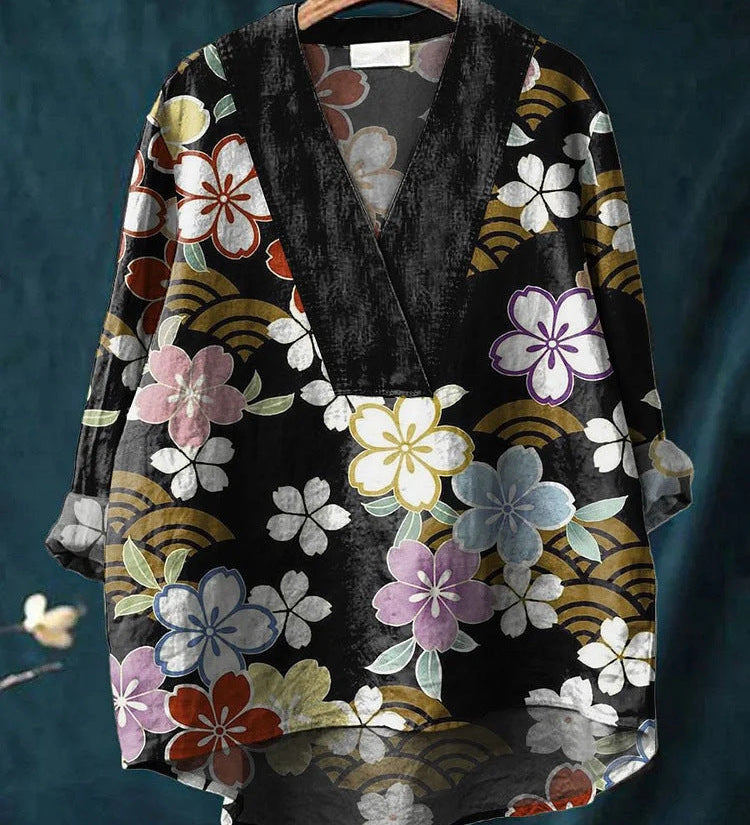 Boheme Damebluse med Mønstret Print og V-Hals