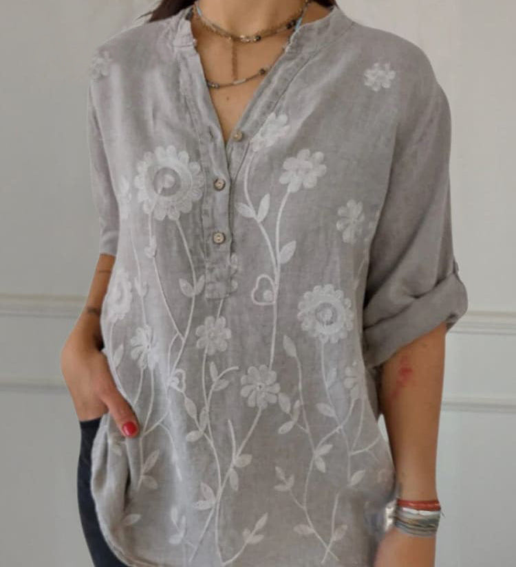 Dame Tunika Bluse med Broderi og Knapper – Let og Blomstrende