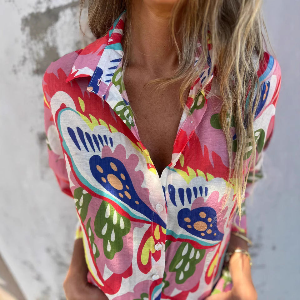 Langærmet Dame Skjorte med Abstrakt Blomstermønster – Boheme Stil