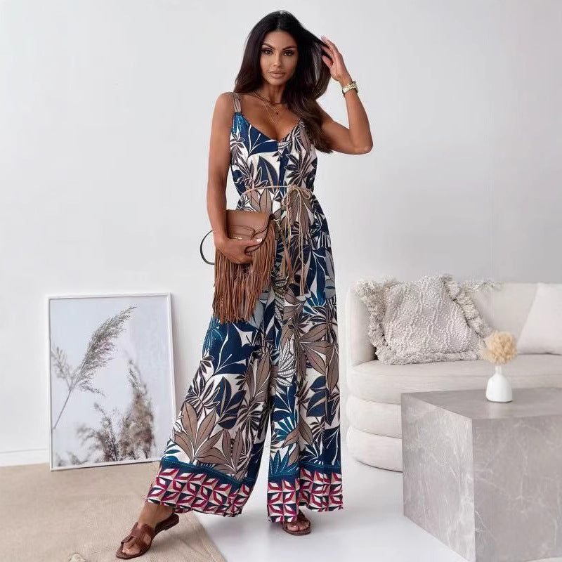 Sommer jumpsuit til kvinder med boheme mønster og bindebånd