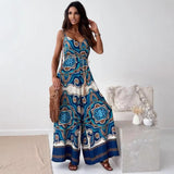 Sommer jumpsuit til kvinder med boheme mønster og bindebånd