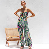Sommer jumpsuit med mønster og knudedetalje til kvinder