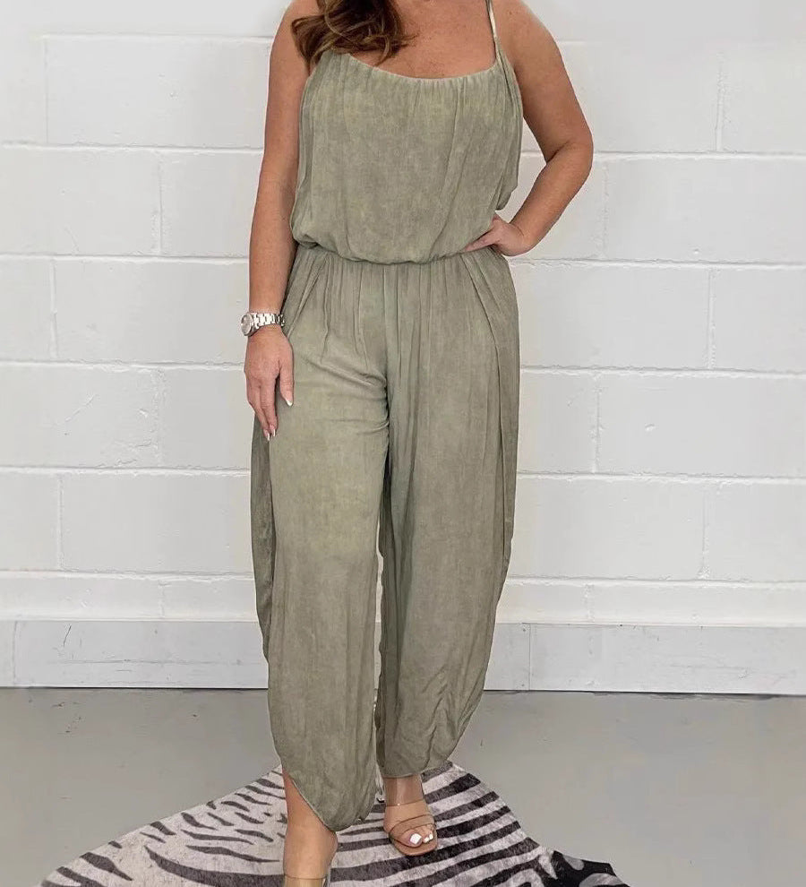 Løs Jumpsuit med Tynde Stropper og Brede Ben
