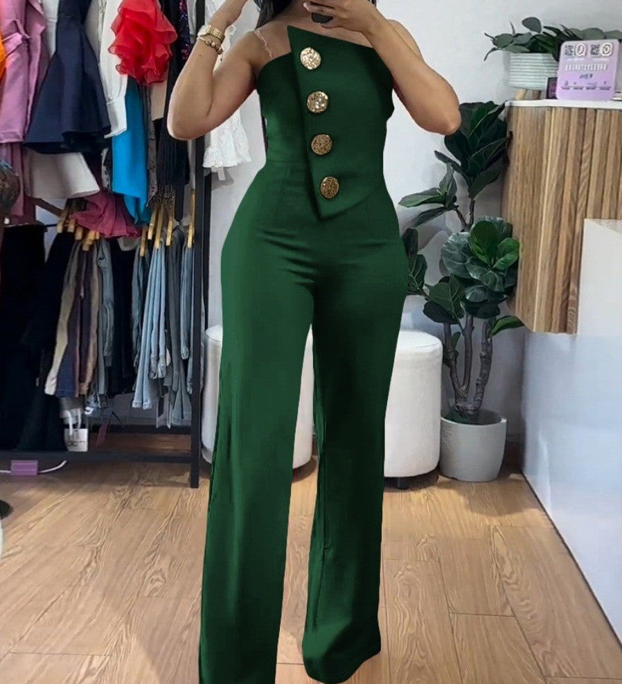 Énskulder jumpsuit med brede ben og dekorative knapper