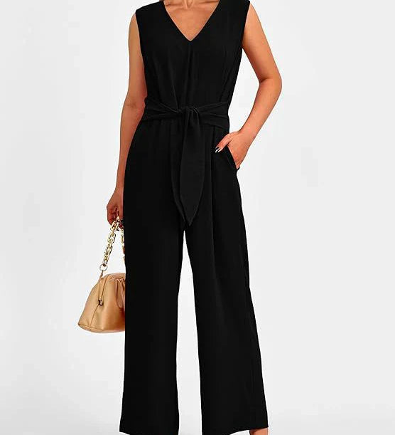 Ærmeløs Jumpsuit med V-udskæring og Taljebælte