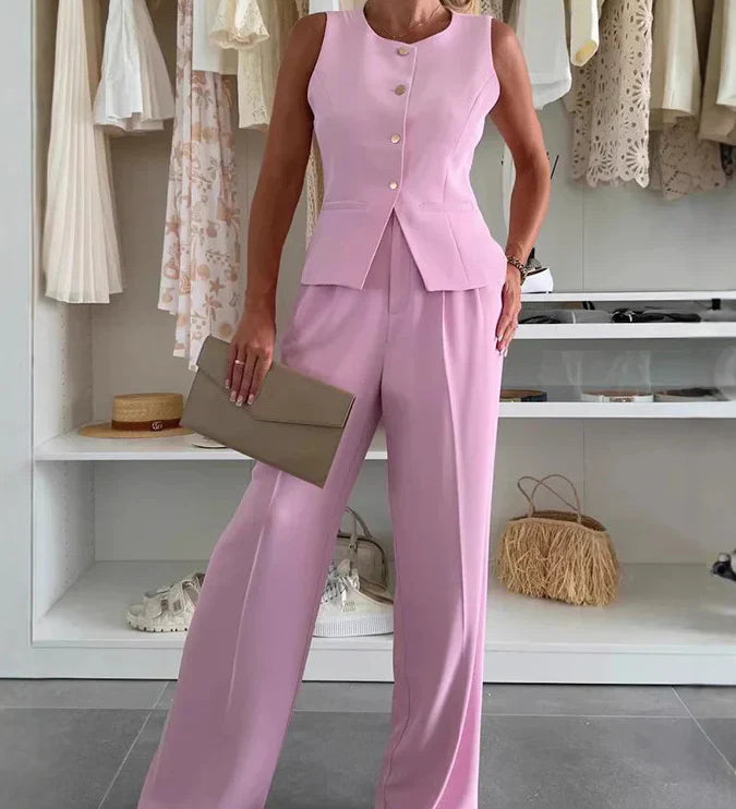 Dame sæt 2-delt – vest og bukser i lys beige til et elegant look