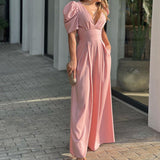 Elegant dame jumpsuit med pufærmer og v-udskæring