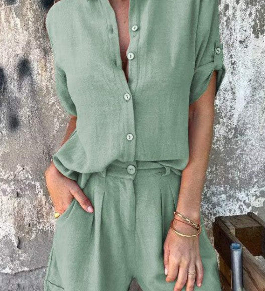 Sommersæt med Skjorte og Shorts i Linnedlook