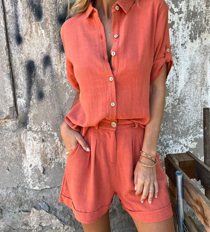 Sommersæt med Skjorte og Shorts i Linnedlook