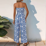Strapless dame jumpsuit med blå mønster og bindebånd