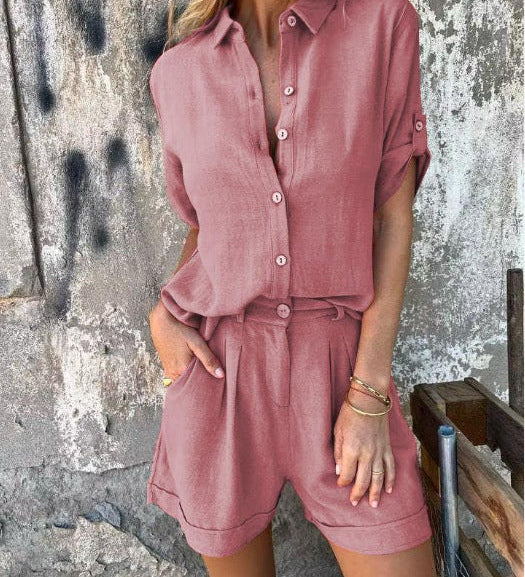 Sommersæt med Skjorte og Shorts i Linnedlook
