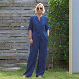 Linned Jumpsuit med Knapper og Justerbar Talje
