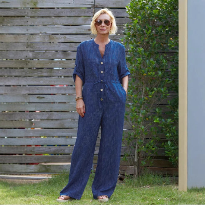 Linned Jumpsuit med Knapper og Justerbar Talje