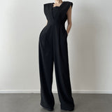 Elegant dame jumpsuit med skulderdetaljer og brede ben