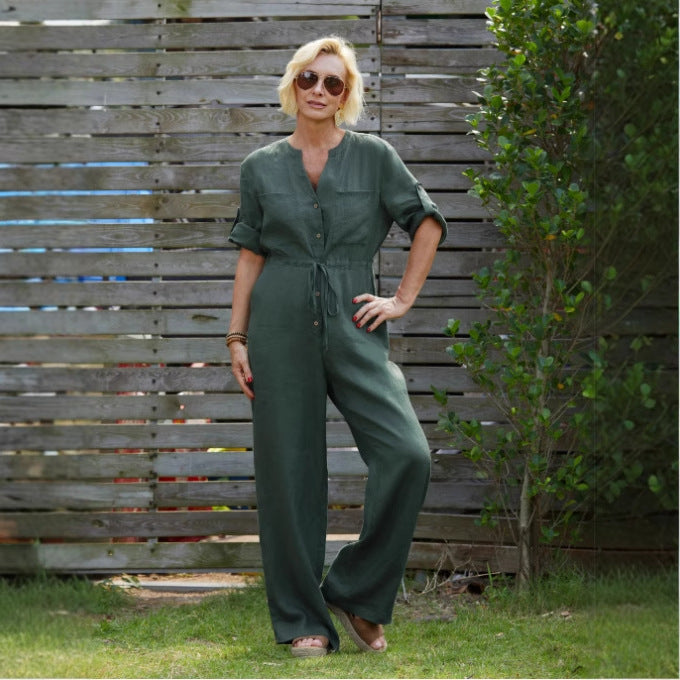 Linned Jumpsuit med Knapper og Justerbar Talje