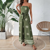 Strapless dame jumpsuit med bindebånd og boheme mønster
