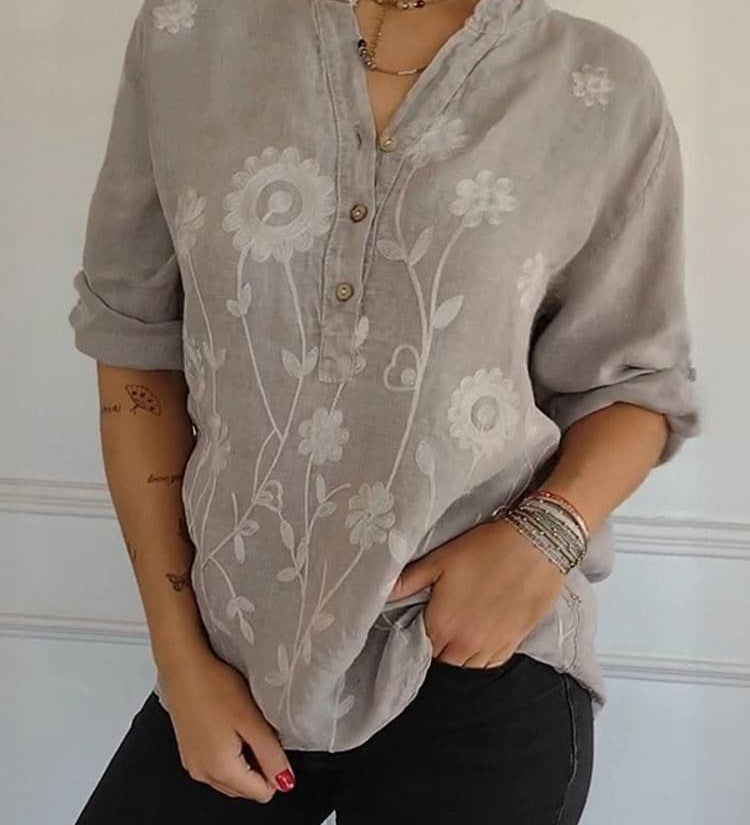 Dame Tunika Bluse med Broderi og Knapper – Let og Blomstrende