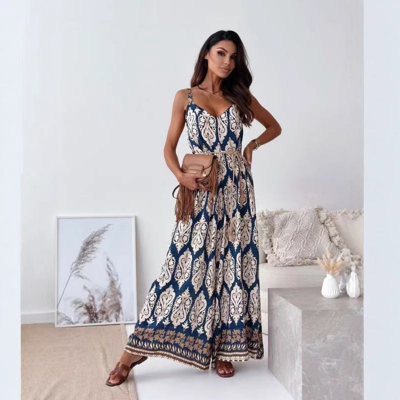 Sommer jumpsuit til kvinder med boheme mønster og bindebånd