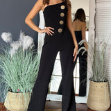 Énskulder jumpsuit med brede ben og dekorative knapper