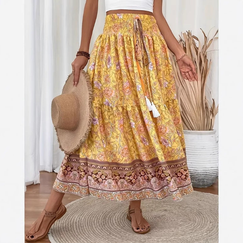 Boheme Maxi Nederdel med Blomsterprint og Elastik