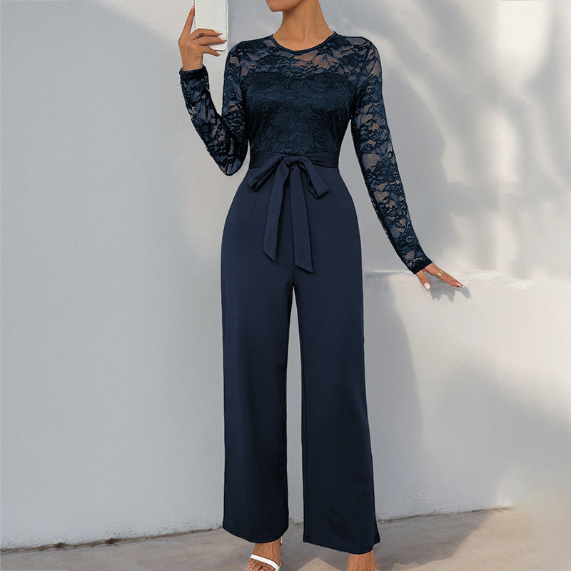 Jumpsuit med Blondeoverdel og Bindebånd i Taljen