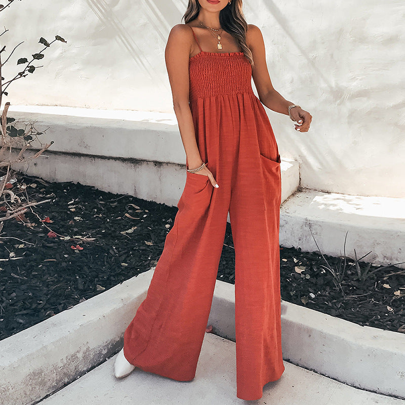 Sommer jumpsuit til kvinder med smock top og brede ben