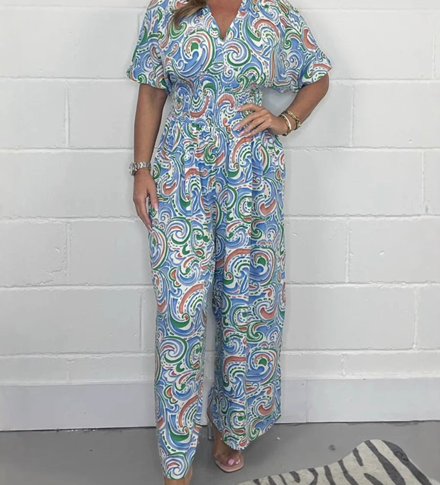 Farverig Jumpsuit med Mønster og Korte Ærmer