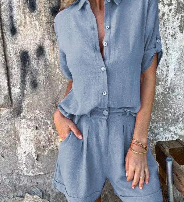 Sommersæt med Skjorte og Shorts i Linnedlook