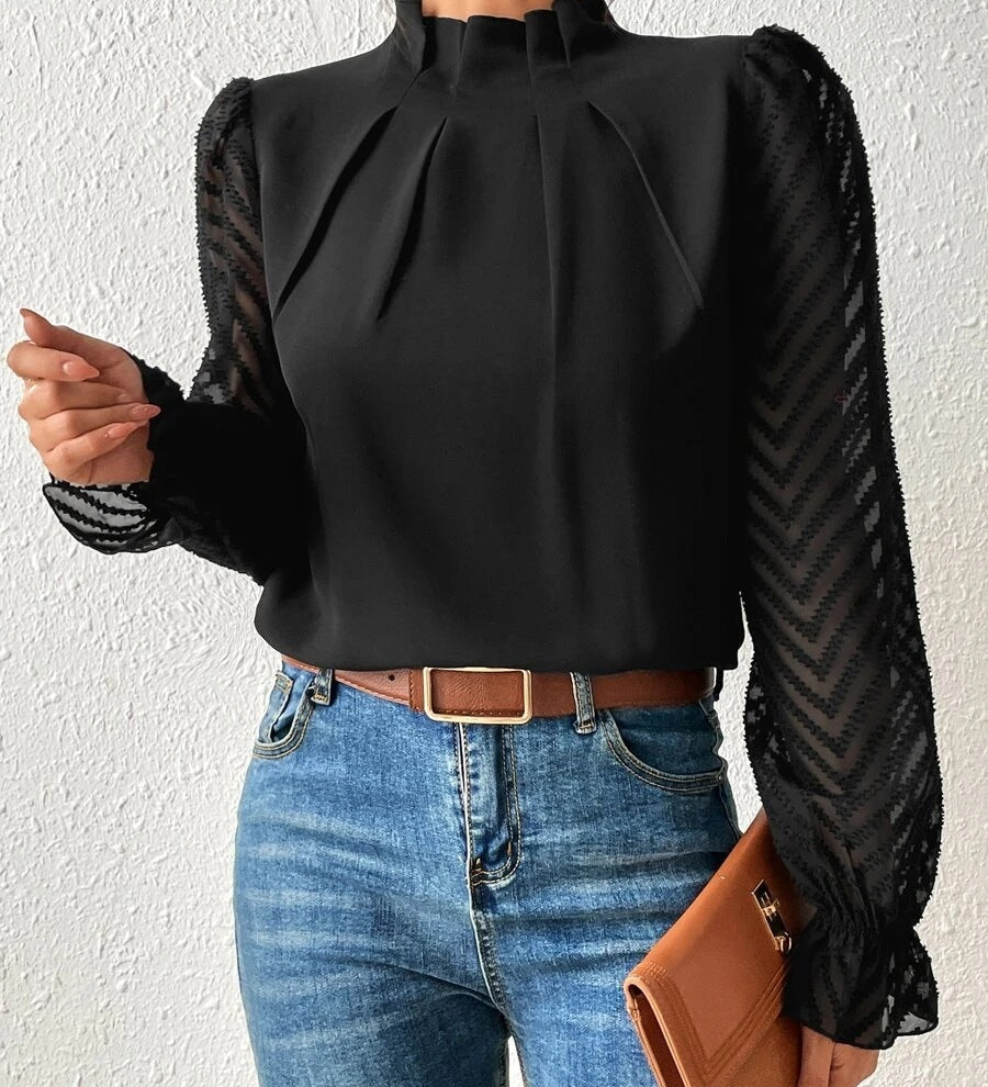 Elegant Damebluse med Høj Hals og Transparente Ærmer