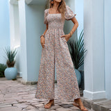 Blomstret Jumpsuit med Vide Ben og Smock Overdel