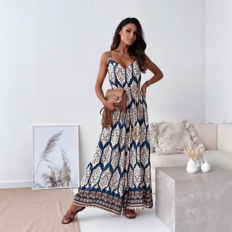 Boheme dame jumpsuit med brede ben og justerbart bindebånd