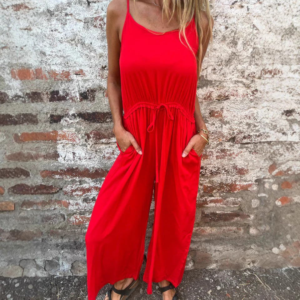 Beige Jumpsuit med Spaghettistropper og Bindebånd til Damer