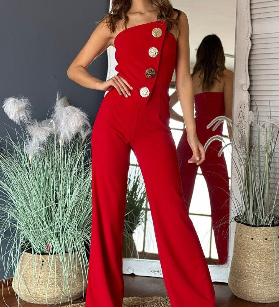 Énskulder jumpsuit med brede ben og dekorative knapper