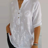 Dame Tunika Bluse med Broderi og Knapper – Let og Blomstrende