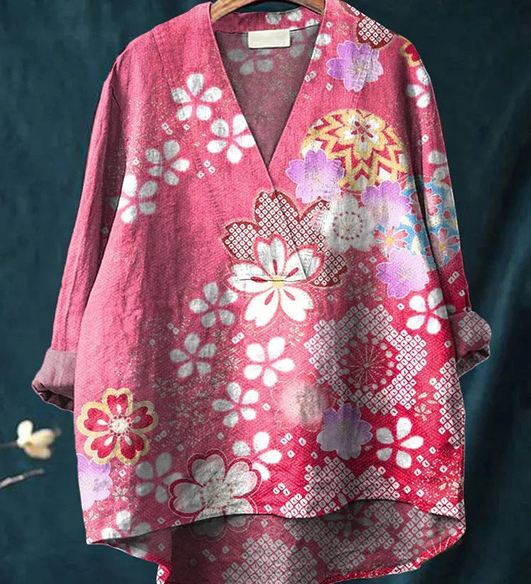 Boheme Damebluse med Mønstret Print og V-Hals